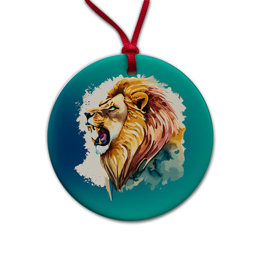 Lion Roaring Male Profile Watercolor Round Ceramic Holiday Christmas Tree Ornament