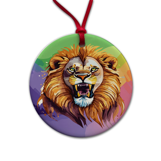 Lion Roaring Male Watercolor Round Ceramic Holiday Christmas Tree Ornament