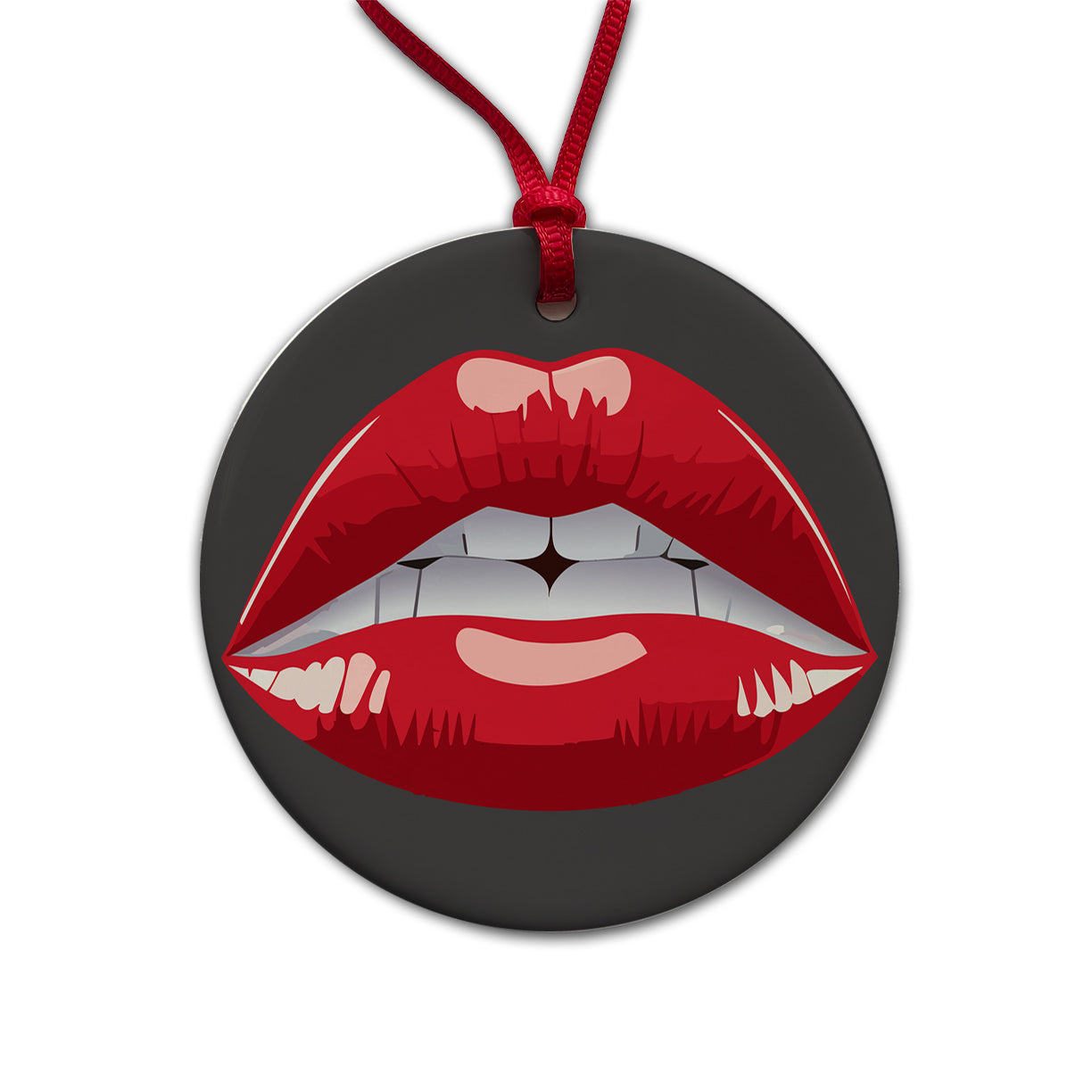 Lips Red Lipstick Mouth Round Ceramic Holiday Christmas Tree Ornament