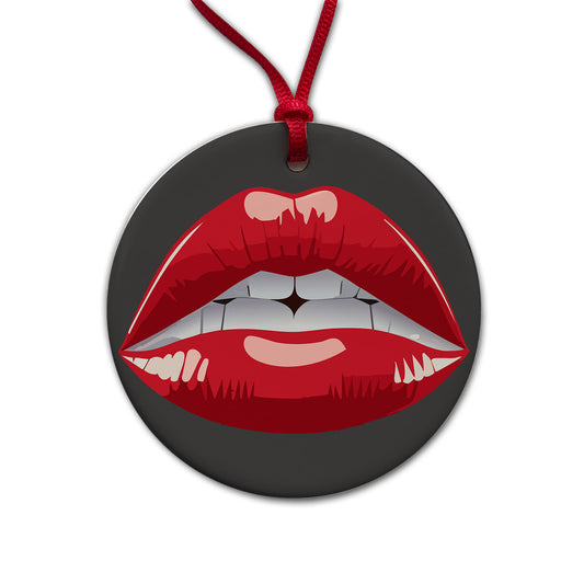 Lips Red Lipstick Mouth Round Ceramic Holiday Christmas Tree Ornament
