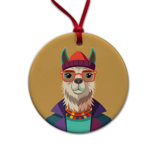 Llama Hipster Funny Wearing Glasses Hat Round Ceramic Holiday Christmas Tree Ornament