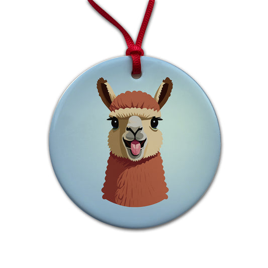 Llama Tongue Sticking Out Round Ceramic Holiday Christmas Tree Ornament