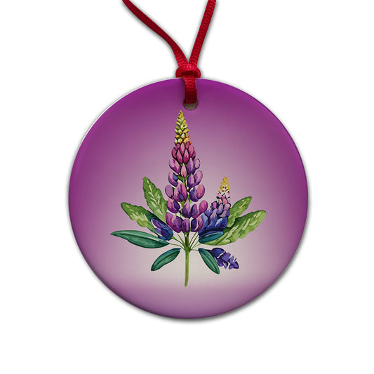 Lupine Plant Flower Watercolor Round Ceramic Holiday Christmas Tree Ornament