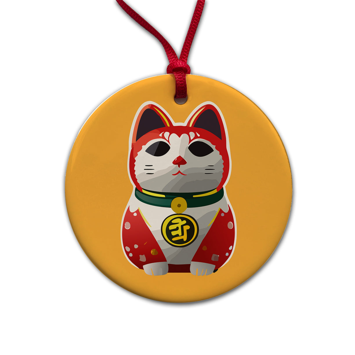 Maneki Neko Lucky Cat Round Ceramic Holiday Christmas Tree Ornament