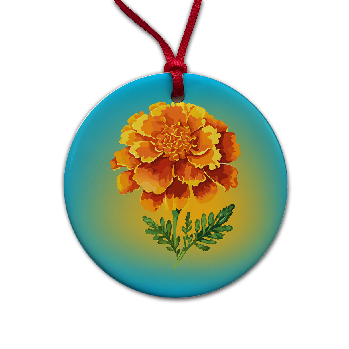 Marigold Flower Watercolor Orange Round Ceramic Holiday Christmas Tree Ornament