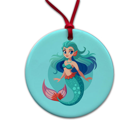 Mermaid with Blue Hair Round Ceramic Holiday Christmas Tree Ornament