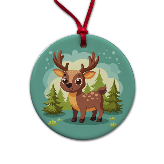 Moose Cute in Forest Round Ceramic Holiday Christmas Tree Ornament