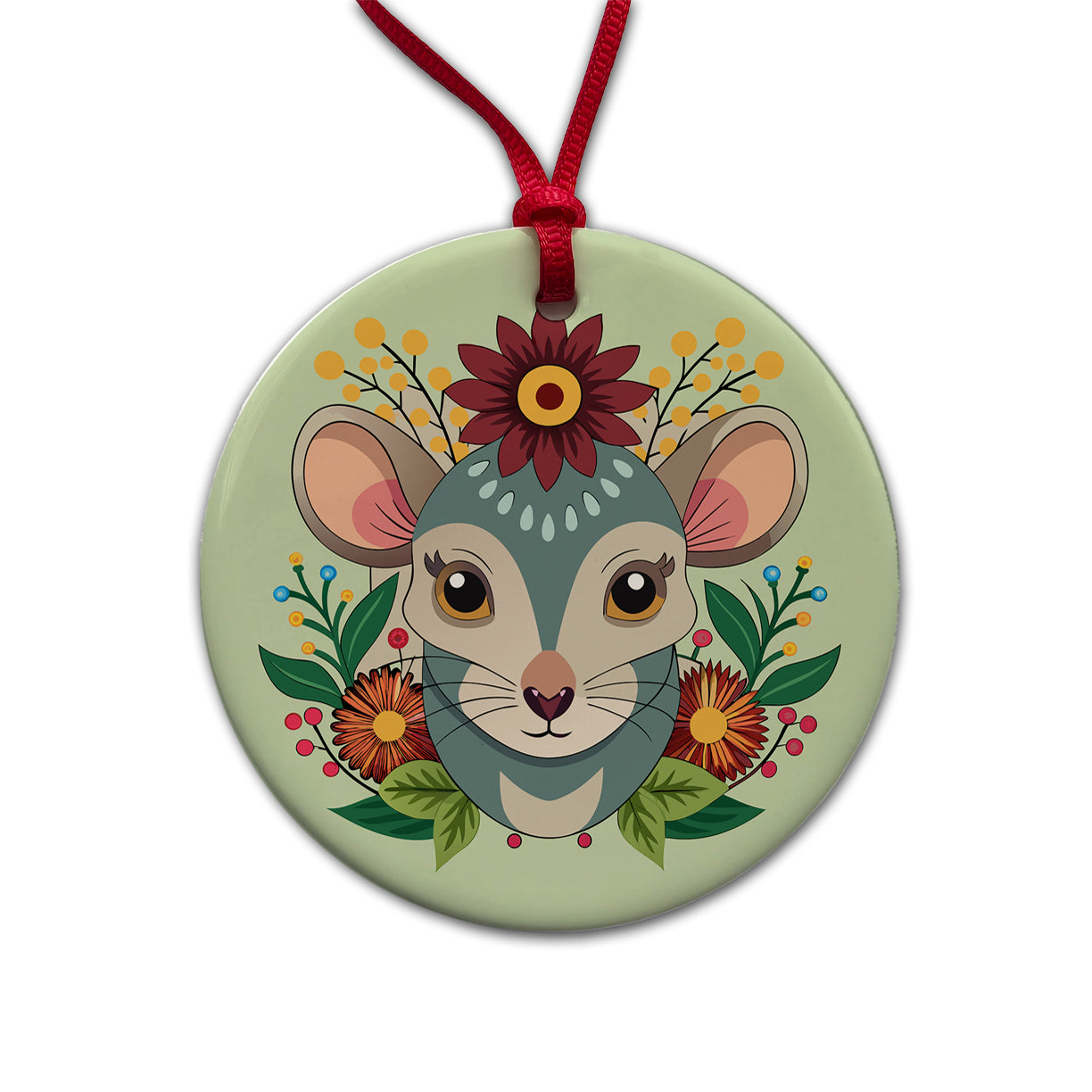 Mouse Floral Flowers Round Ceramic Holiday Christmas Tree Ornament