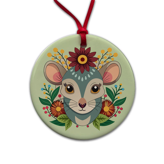 Mouse Floral Flowers Round Ceramic Holiday Christmas Tree Ornament