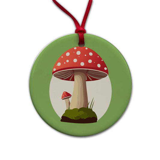 Mushroom Toadstool Red Woodland Round Ceramic Holiday Christmas Tree Ornament