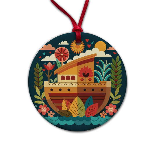 Noah's Ark Floral Bible Story Round Ceramic Holiday Christmas Tree Ornament