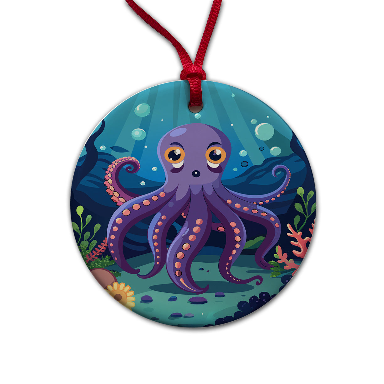 Octopus in Ocean Cute Round Ceramic Holiday Christmas Tree Ornament