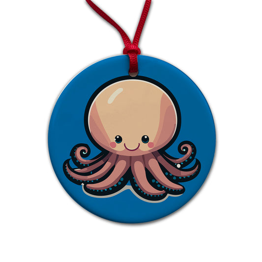 Octopus Smiling Round Ceramic Holiday Christmas Tree Ornament