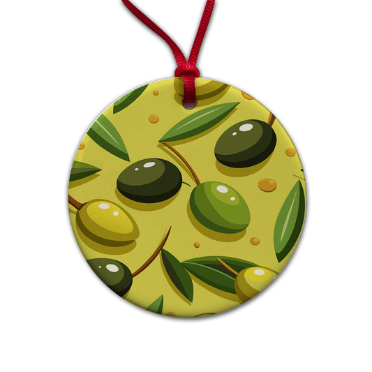 Olives Scattered Pattern Round Ceramic Holiday Christmas Tree Ornament