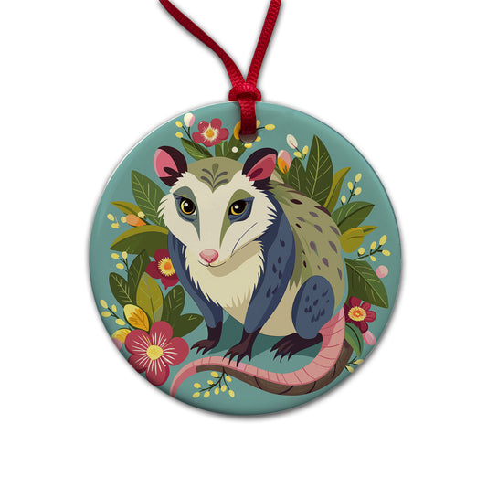 Opossum Floral Flowers Round Ceramic Holiday Christmas Tree Ornament