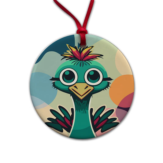 Ostrich Cute Head Round Ceramic Holiday Christmas Tree Ornament