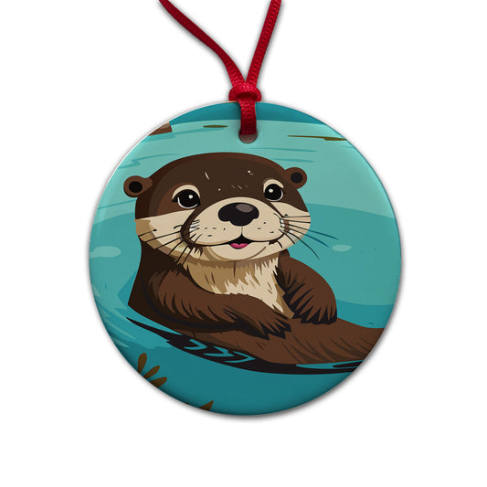 Otter Cute Swimming in Water Round Ceramic Holiday Christmas Tree Ornament
