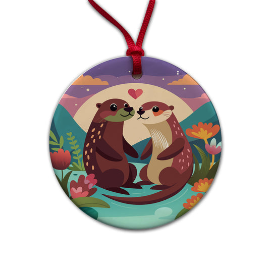 Otters in Love Anniversary Wedding Valentines Day Round Ceramic Holiday Christmas Tree Ornament