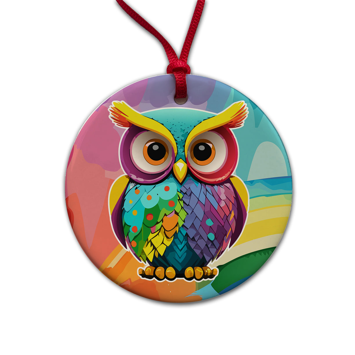 Owl Colorful Round Ceramic Holiday Christmas Tree Ornament