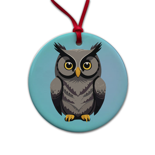 Owl Gray Staring Round Ceramic Holiday Christmas Tree Ornament
