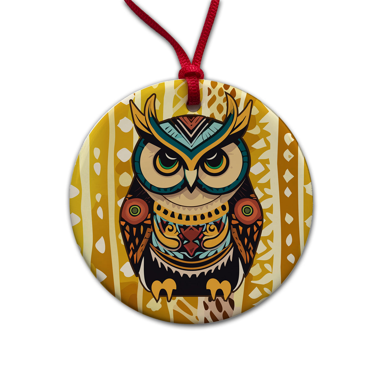 Owl Tribal Colorful Bird Round Ceramic Holiday Christmas Tree Ornament