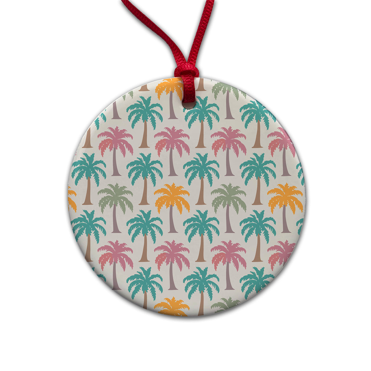 Palm Trees Tropical Pastel Pattern Round Ceramic Holiday Christmas Tree Ornament