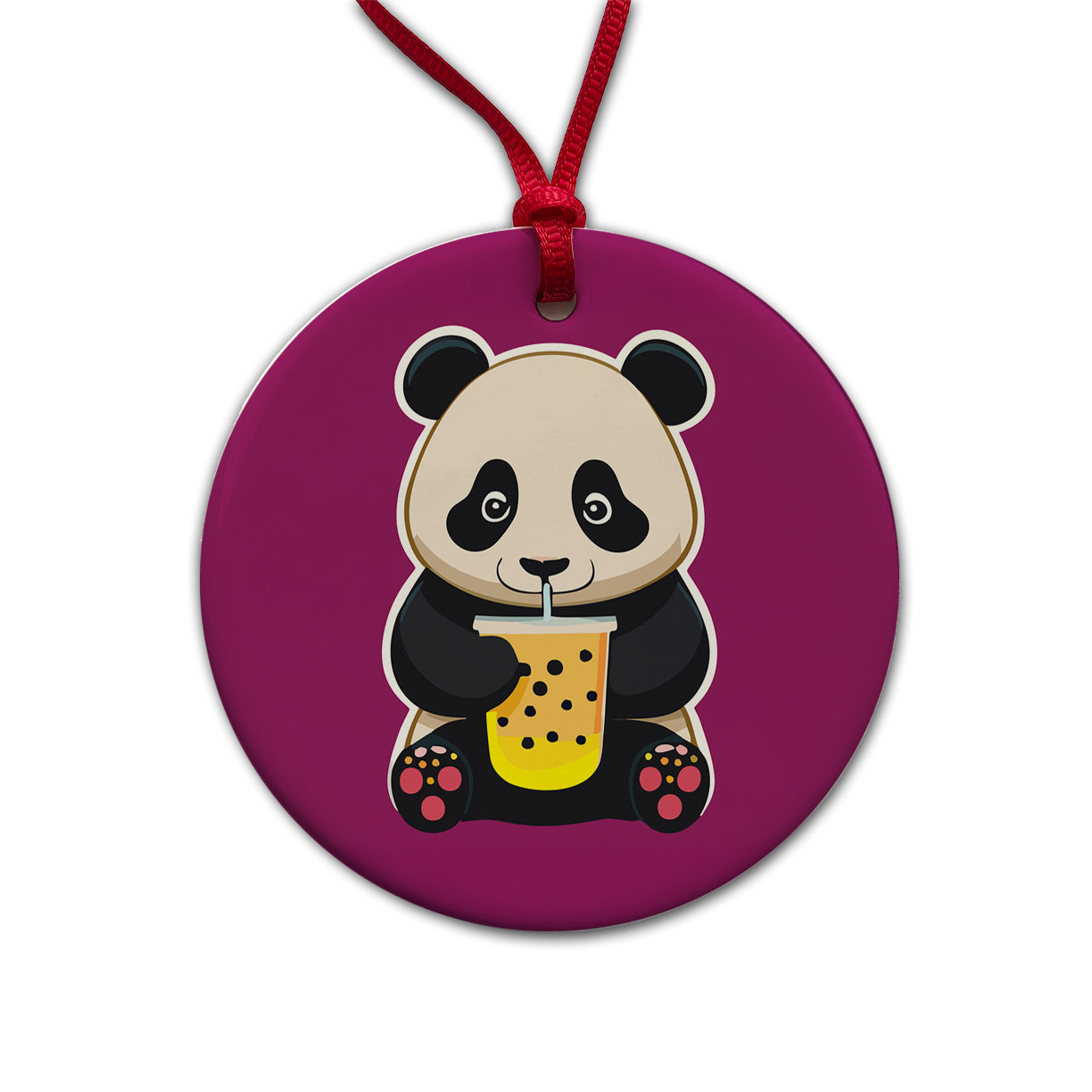 Panda Drinking Boba Bubble Tea Round Ceramic Holiday Christmas Tree Ornament