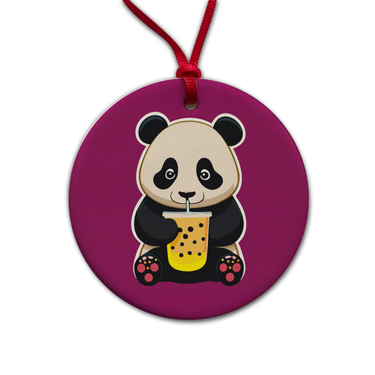Panda Drinking Boba Bubble Tea Round Ceramic Holiday Christmas Tree Ornament