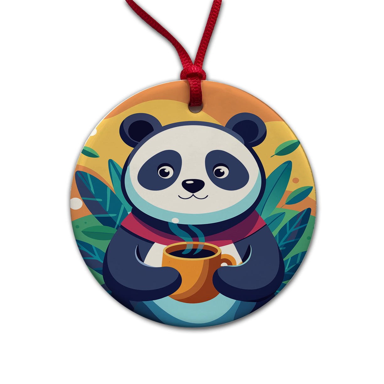 Panda Drinking Coffee Round Ceramic Holiday Christmas Tree Ornament