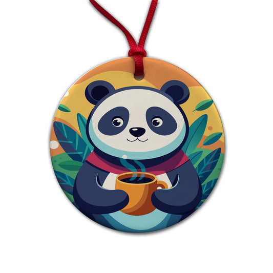 Panda Drinking Coffee Round Ceramic Holiday Christmas Tree Ornament