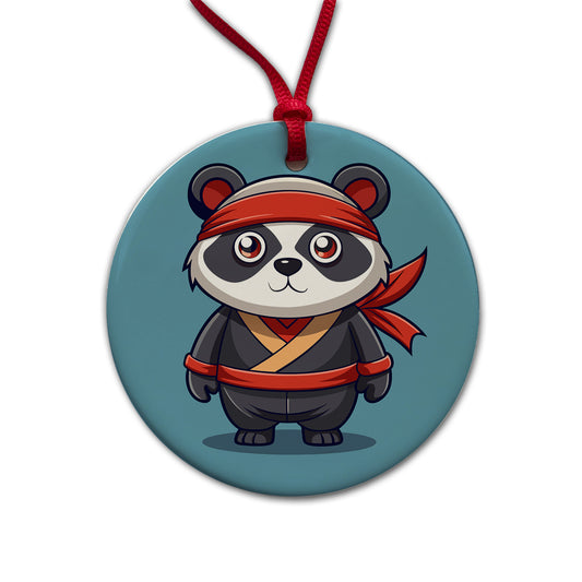 Panda Ninja Round Ceramic Holiday Christmas Tree Ornament