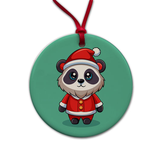 Panda Santa Christmas Round Ceramic Holiday Christmas Tree Ornament