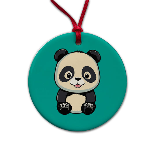 Panda Smiling Sitting Round Ceramic Holiday Christmas Tree Ornament