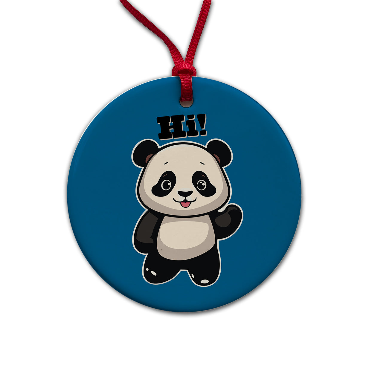 Panda Waving Hi Hello Greetings Friend Round Ceramic Holiday Christmas Tree Ornament
