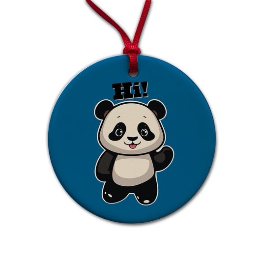 Panda Waving Hi Hello Greetings Friend Round Ceramic Holiday Christmas Tree Ornament