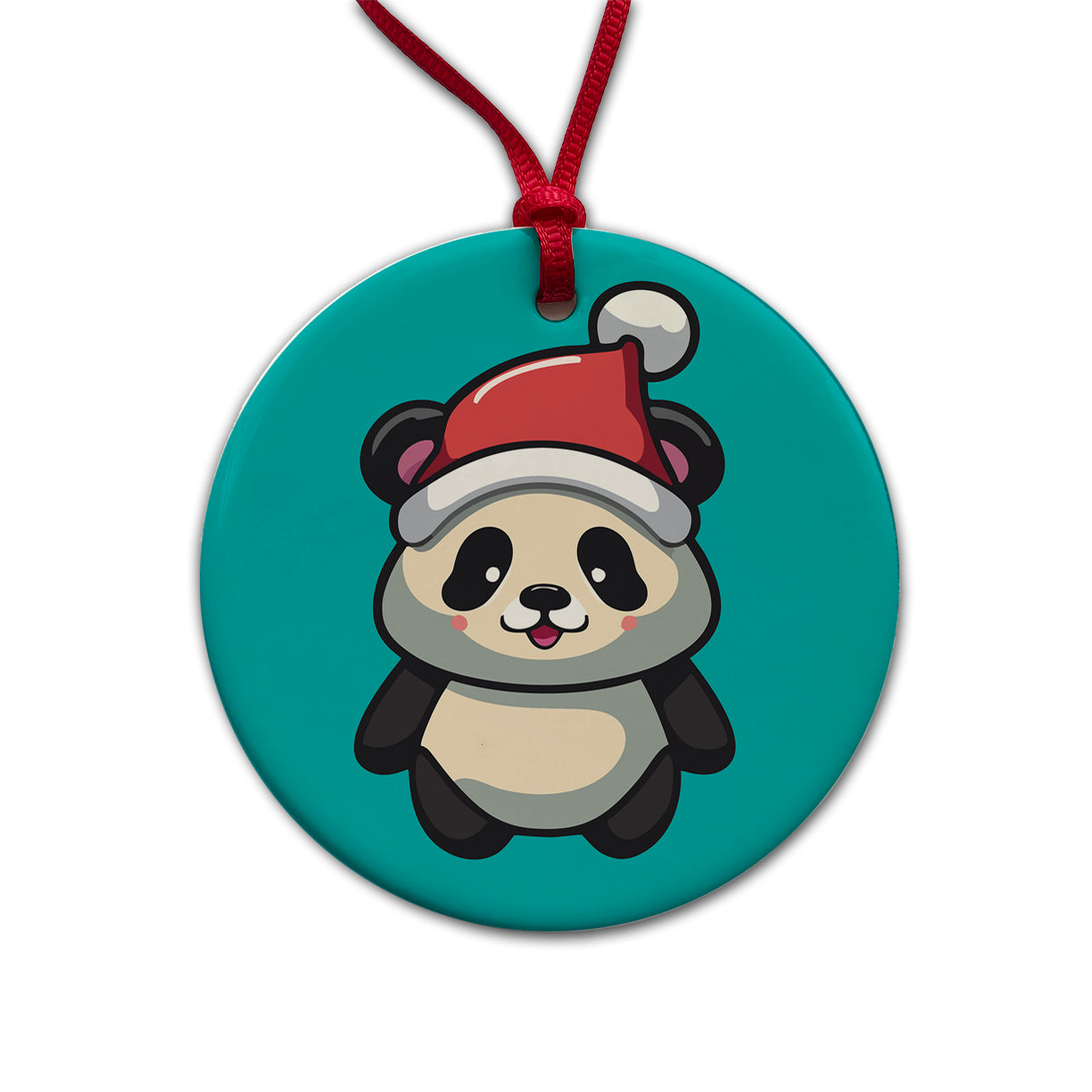 Panda Wearing Santa Hat Christmas Round Ceramic Holiday Christmas Tree Ornament