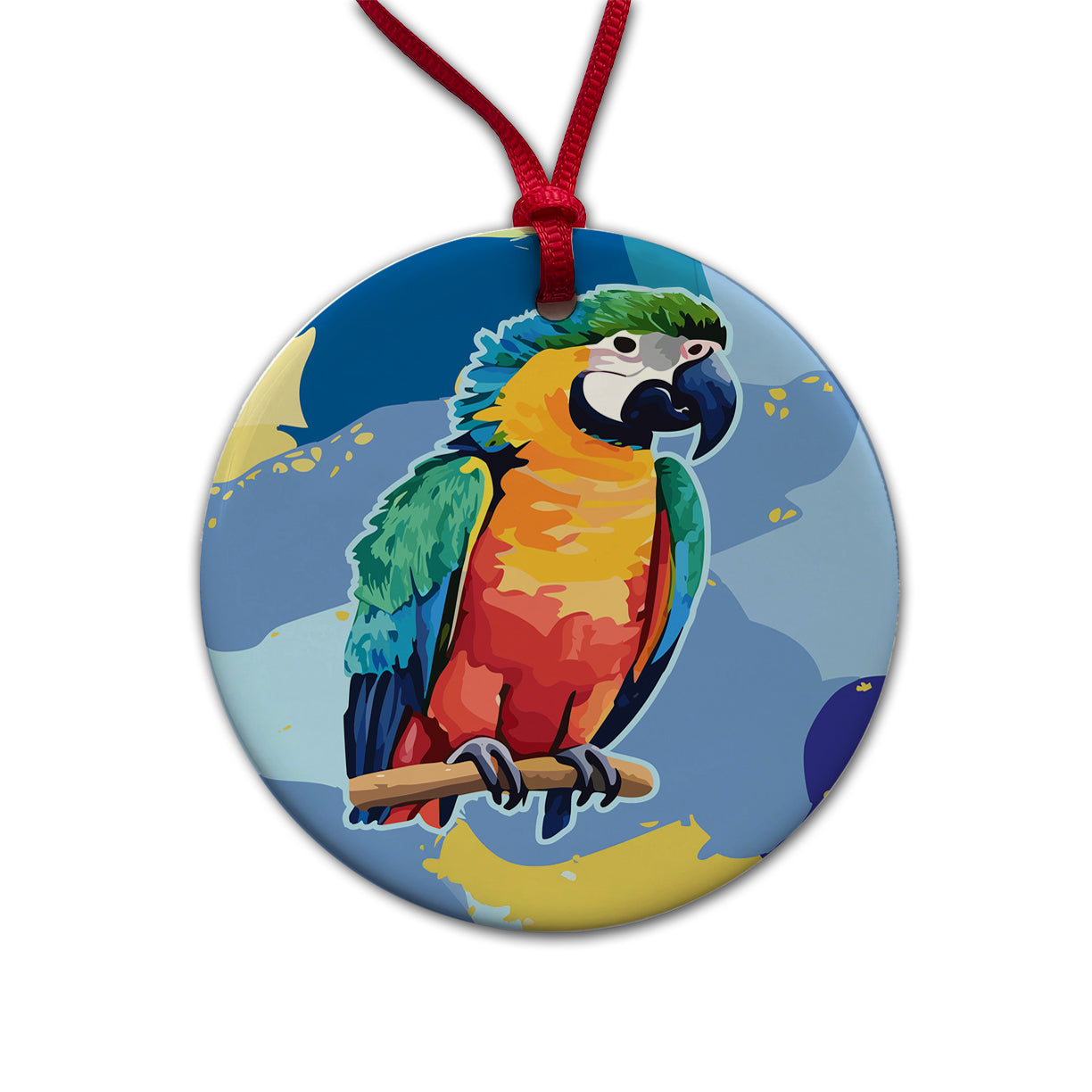 Parrot Bird Colorful Watercolor Round Ceramic Holiday Christmas Tree Ornament
