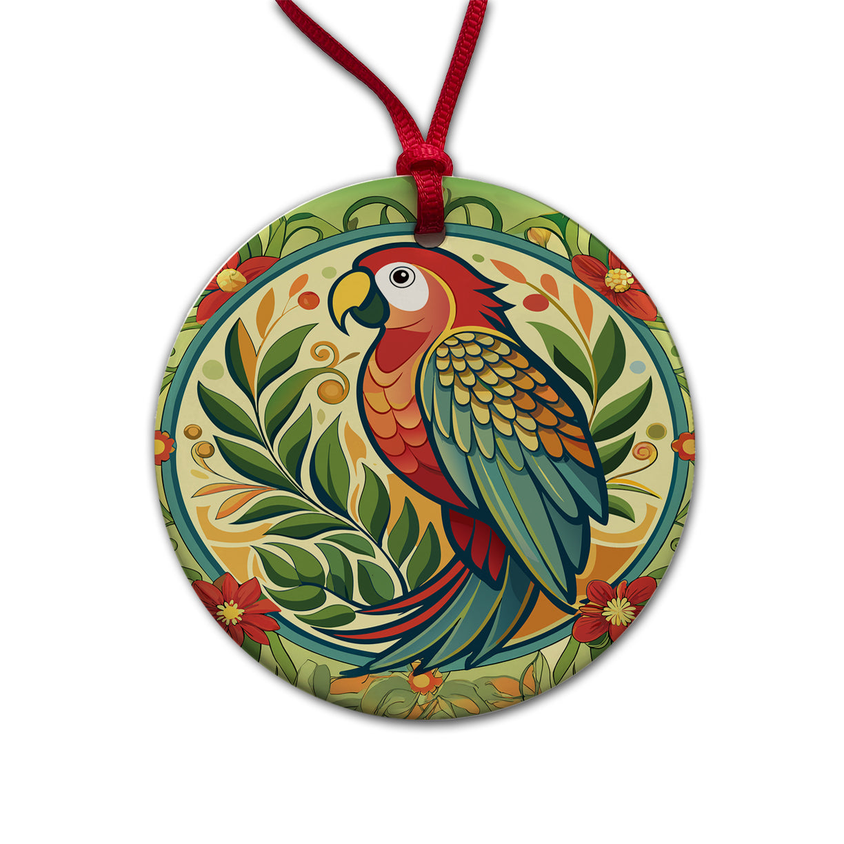 Parrot Floral Art Nouveau Flowers Elegant Round Ceramic Holiday Christmas Tree Ornament