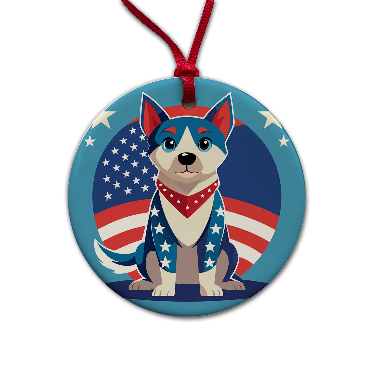 Patriotic Dog USA Round Ceramic Holiday Christmas Tree Ornament