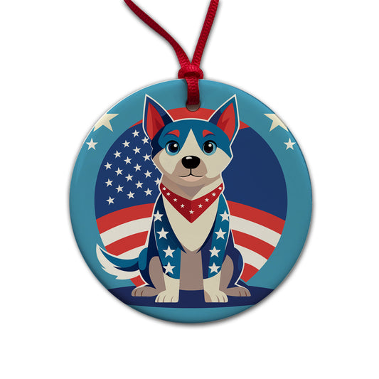 Patriotic Dog USA Round Ceramic Holiday Christmas Tree Ornament