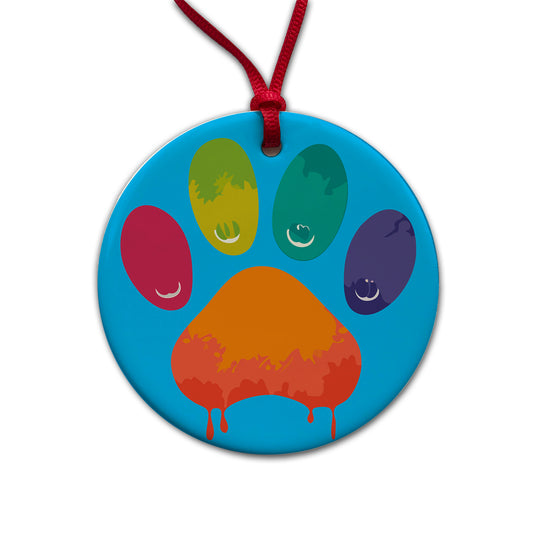 Paw Print Rainbow Dogs Cats Round Ceramic Holiday Christmas Tree Ornament
