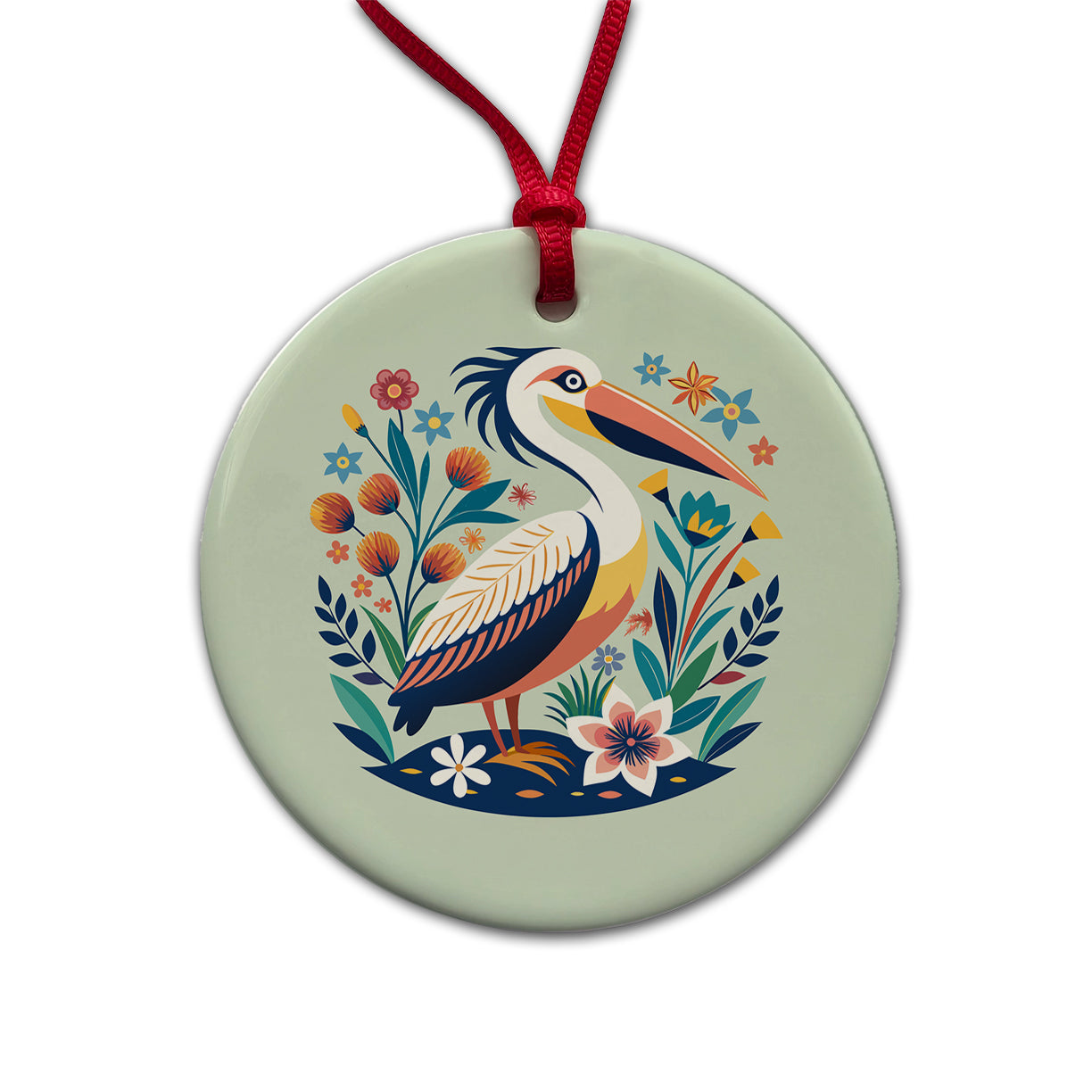 Pelican Bird Floral Flowers Round Ceramic Holiday Christmas Tree Ornament