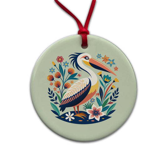 Pelican Bird Floral Flowers Round Ceramic Holiday Christmas Tree Ornament