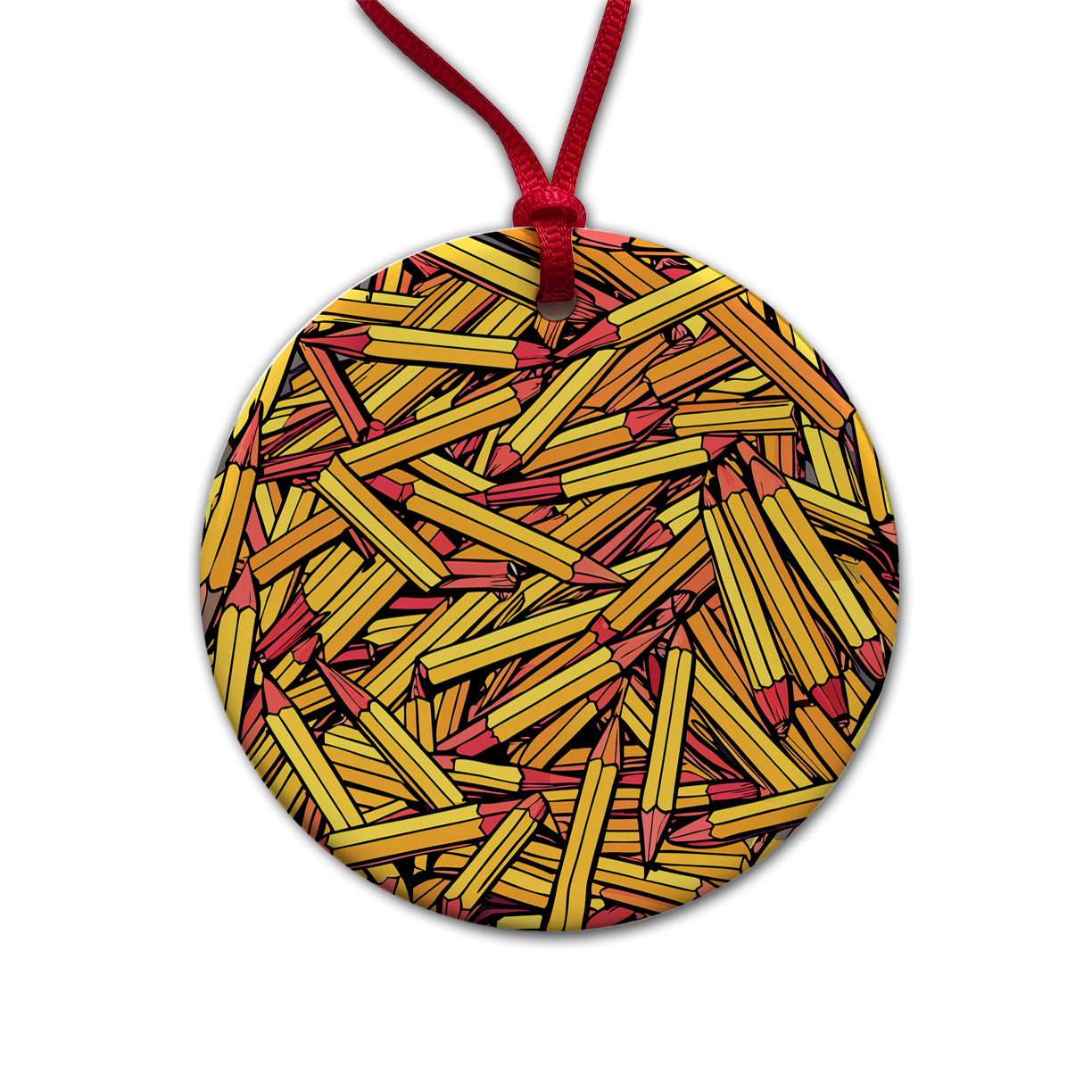 Pencils Piles School Teacher Pattern Round Ceramic Holiday Christmas Tree Ornament