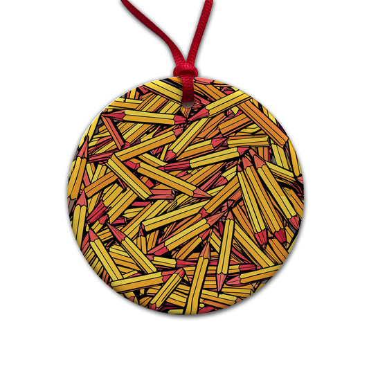 Pencils Piles School Teacher Pattern Round Ceramic Holiday Christmas Tree Ornament