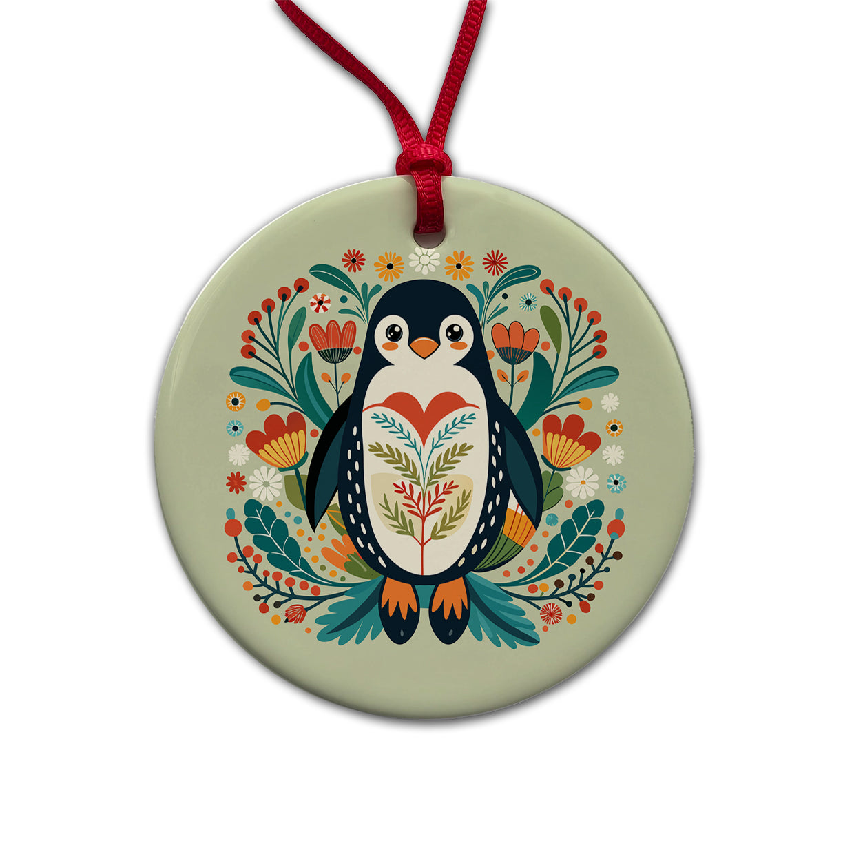 Penguin Floral Flowers Round Ceramic Holiday Christmas Tree Ornament