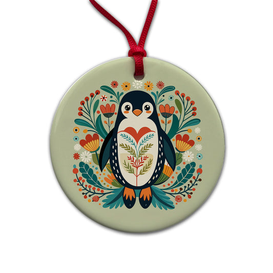Penguin Floral Flowers Round Ceramic Holiday Christmas Tree Ornament