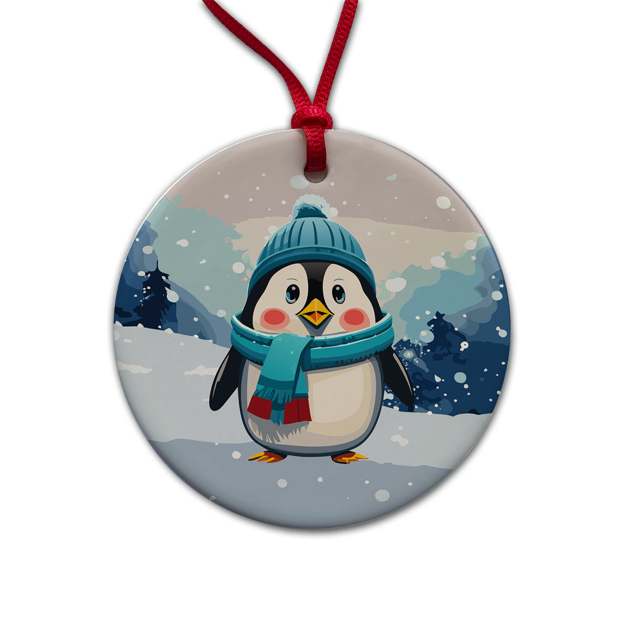 Penguin Winter Wearing Hat Scarf Cute Round Ceramic Holiday Christmas Tree Ornament