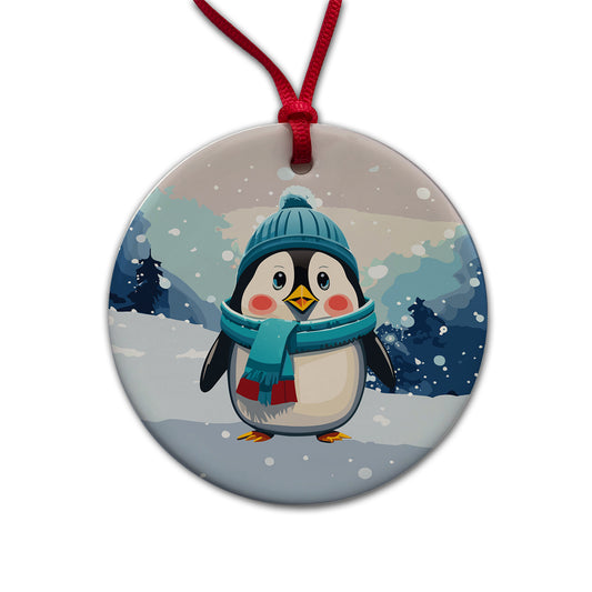 Penguin Winter Wearing Hat Scarf Cute Round Ceramic Holiday Christmas Tree Ornament