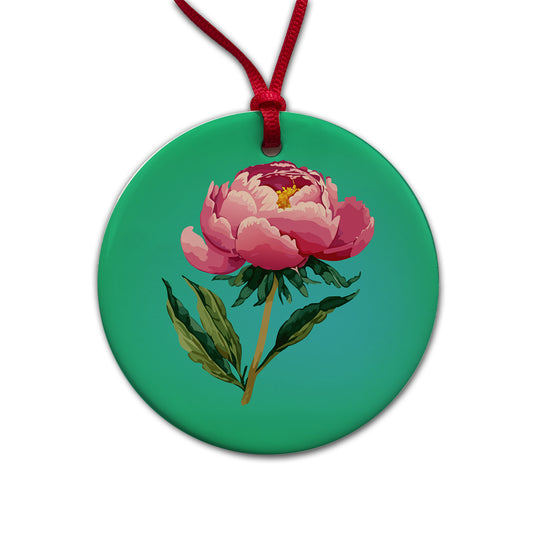 Peony Pink Flower Watercolor Round Ceramic Holiday Christmas Tree Ornament